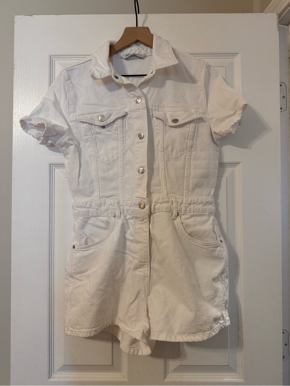 Zara White Button-Front Denim Romper